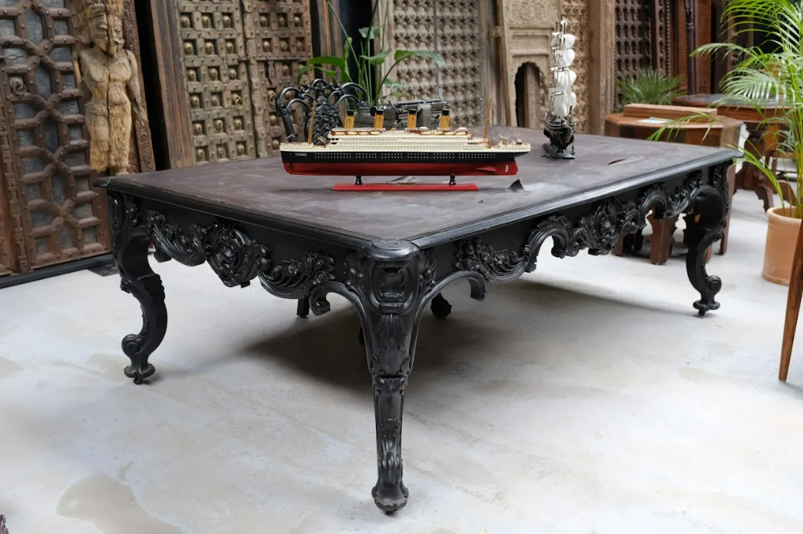 Grand Anglo Indian Colonial Teakwood Table With Leather Top | Handcrafted In Calcutta, Circa 1900 | Victorian Era Statement Piece photo vintage