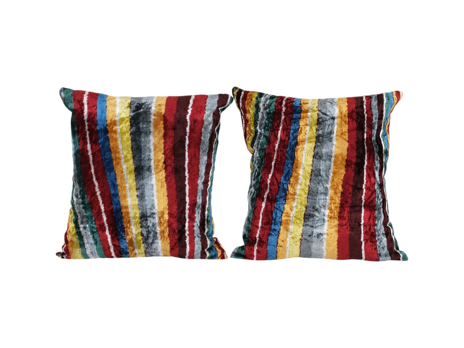 Colorful Striped Ikat Pillow   Set Of Two Square Handwoven Silk Velvet Cushion For Luxurious Home Styling