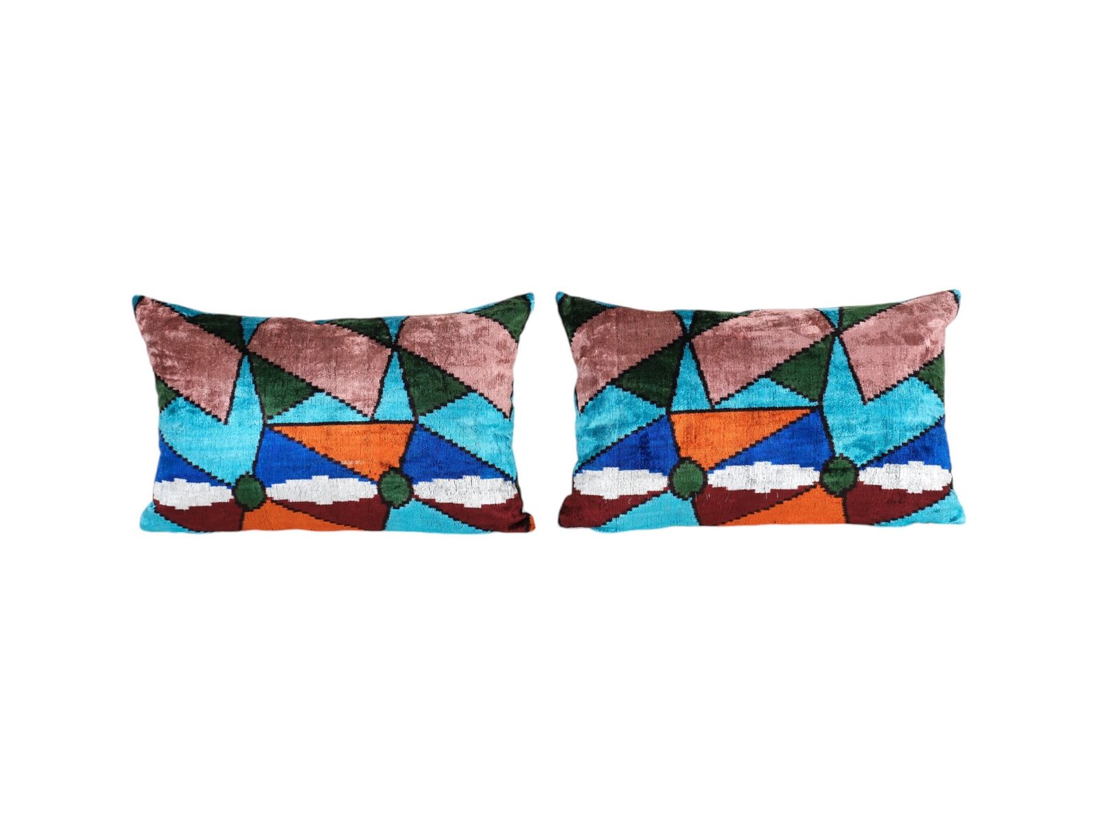 Geometric Silk Velvet Pillow Cover – Set Of Two Blue, Orange, And Pink Pattern Cushion Cover