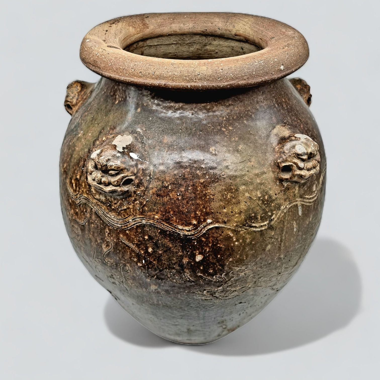 Antique 18th Century Chinese Martaban Jar | Brown Glazed Ceramic Storage Vessel With Dragon Head Handles & Engraved Motifs photo Home Decor