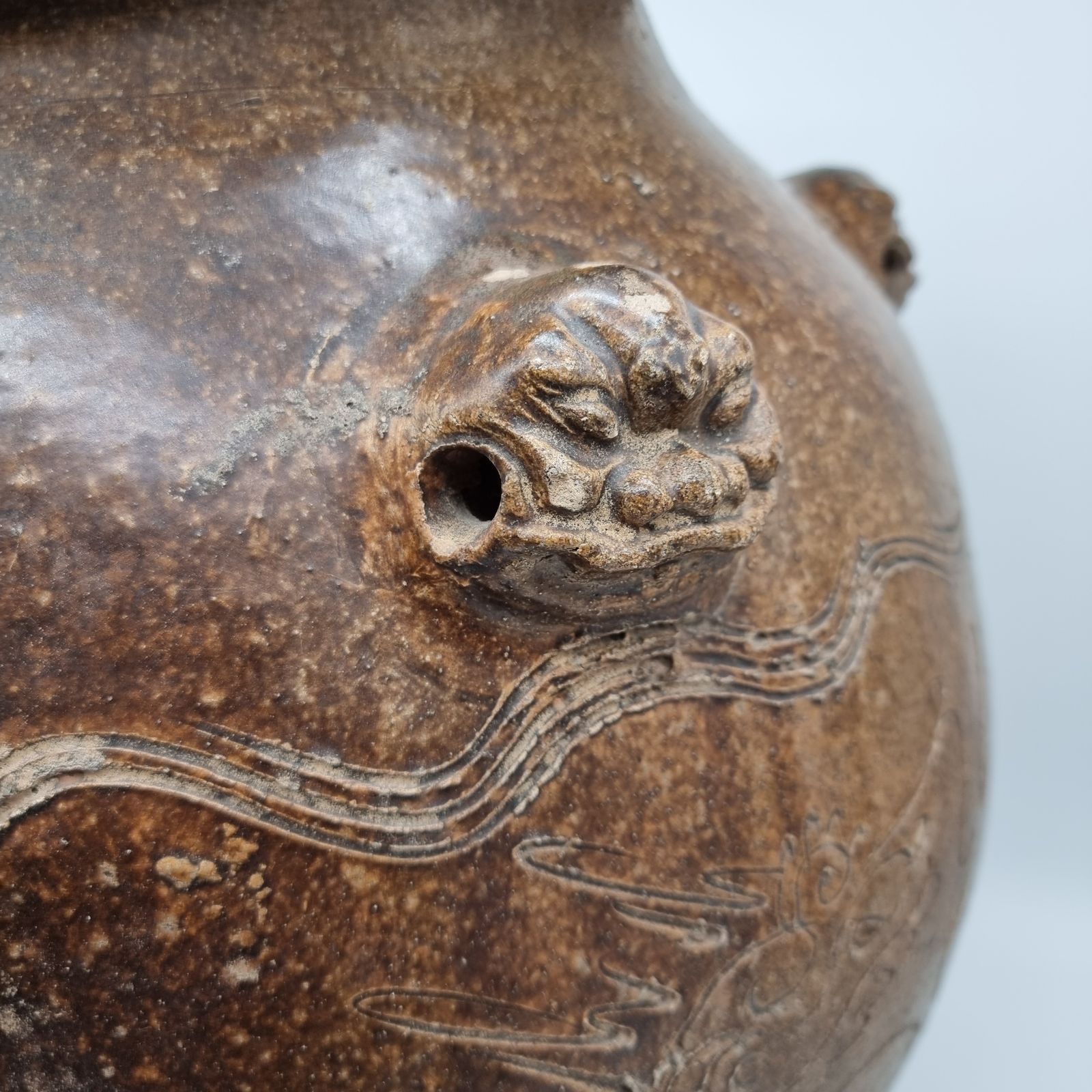 Antique 18th Century Chinese Martaban Jar | Brown Glazed Ceramic Storage Vessel With Dragon Head Handles & Engraved Motifs photo vinterior