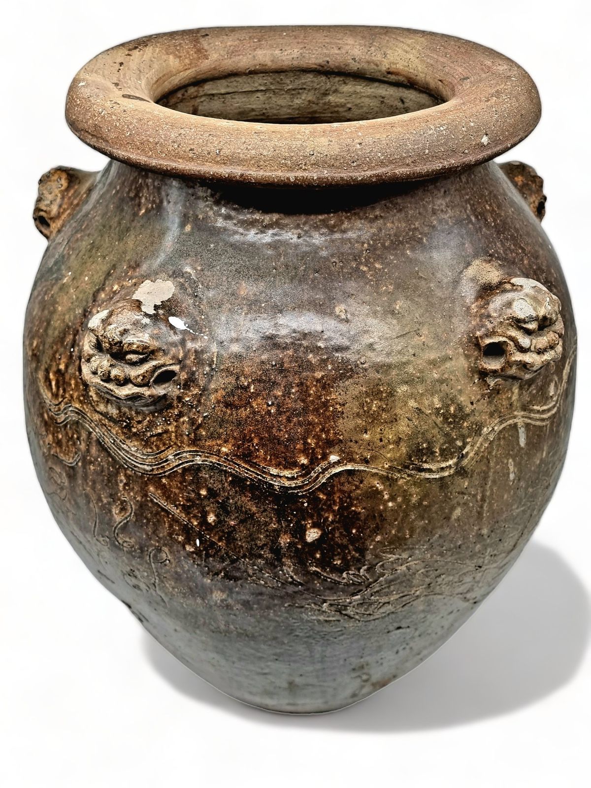 Antique 18th Century Chinese Martaban Jar | Brown Glazed Ceramic Storage Vessel With Dragon Head Handles & Engraved Motifs photo buy