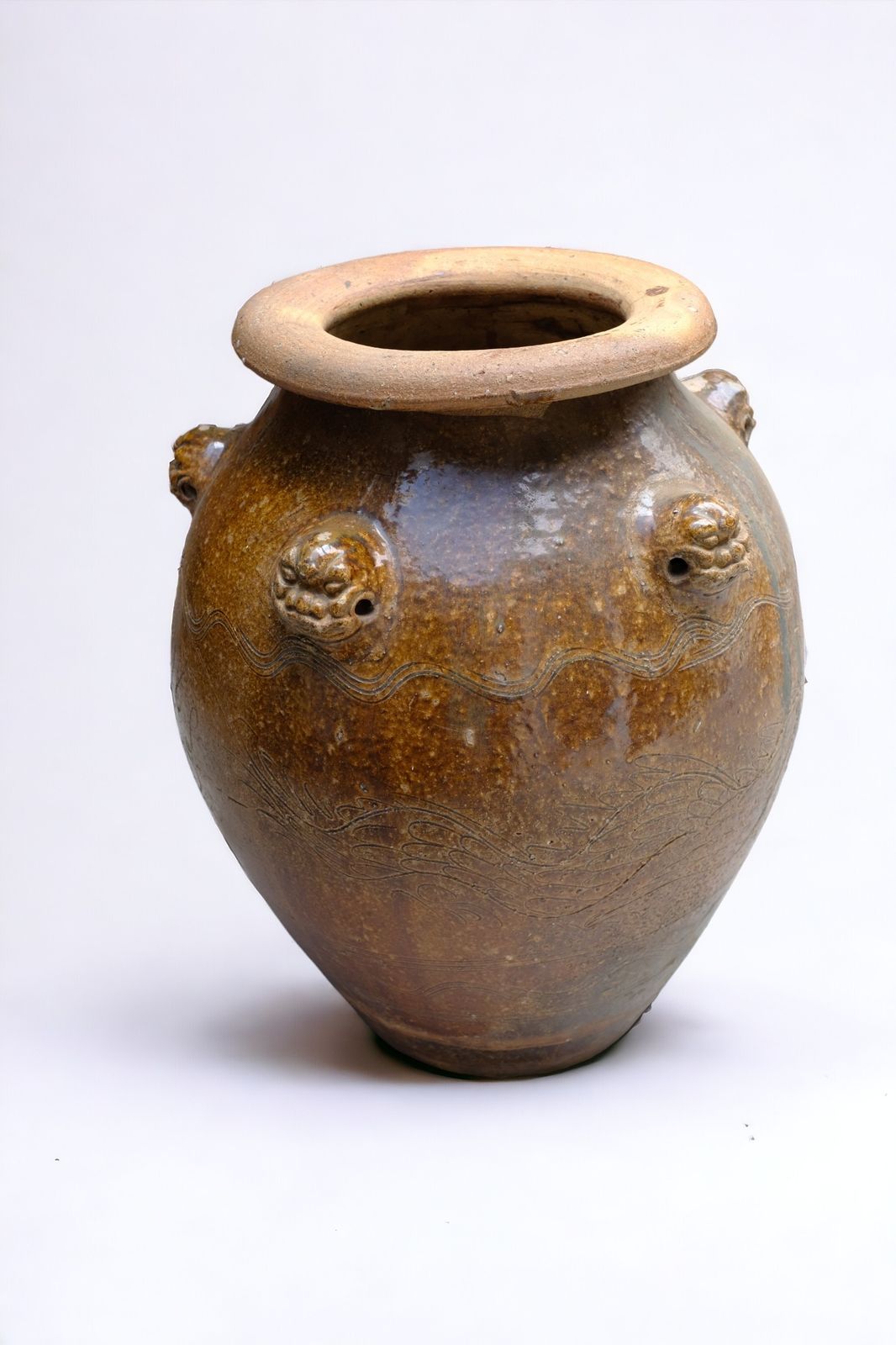 Antique 18th Century Chinese Martaban Jar | Qing Dynasty Ceramic Storage Vessel With Lion Handles & Brown Glaze photo Home Decor