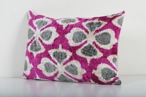 Fuchsia Silk Velvet Pillow Cover, Geometric Ikat Lumbar Velvet Pillow Cover photo furniture