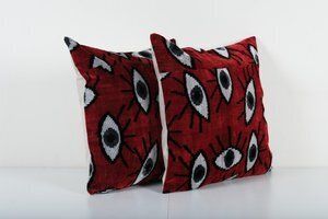 Ikat Eye Red Pillow Cover   Pair Silk Pastel Velvet Square Pillow Cover   Ethnic Decorative Pillow   Velvet Ikat Pillow photo furniture