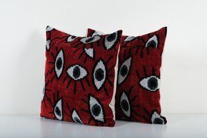 Ikat Eye Red Pillow Cover   Pair Silk Pastel Velvet Square Pillow Cover   Ethnic Decorative Pillow   Velvet Ikat Pillow photo Textiles