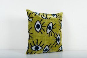 Silk Ikat Eye Velvet Pillow Cover   Handloom Chartreuse Green Velvet Lumbar Pillow Cover   Uzbek Cushion Cover photo Textiles