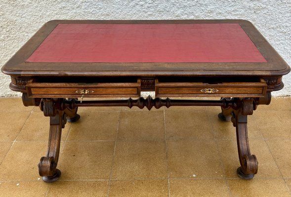 19th Century Spanish Carved Walnut Desk With Two Drawers & Strong Legs, 1890s photo for sale