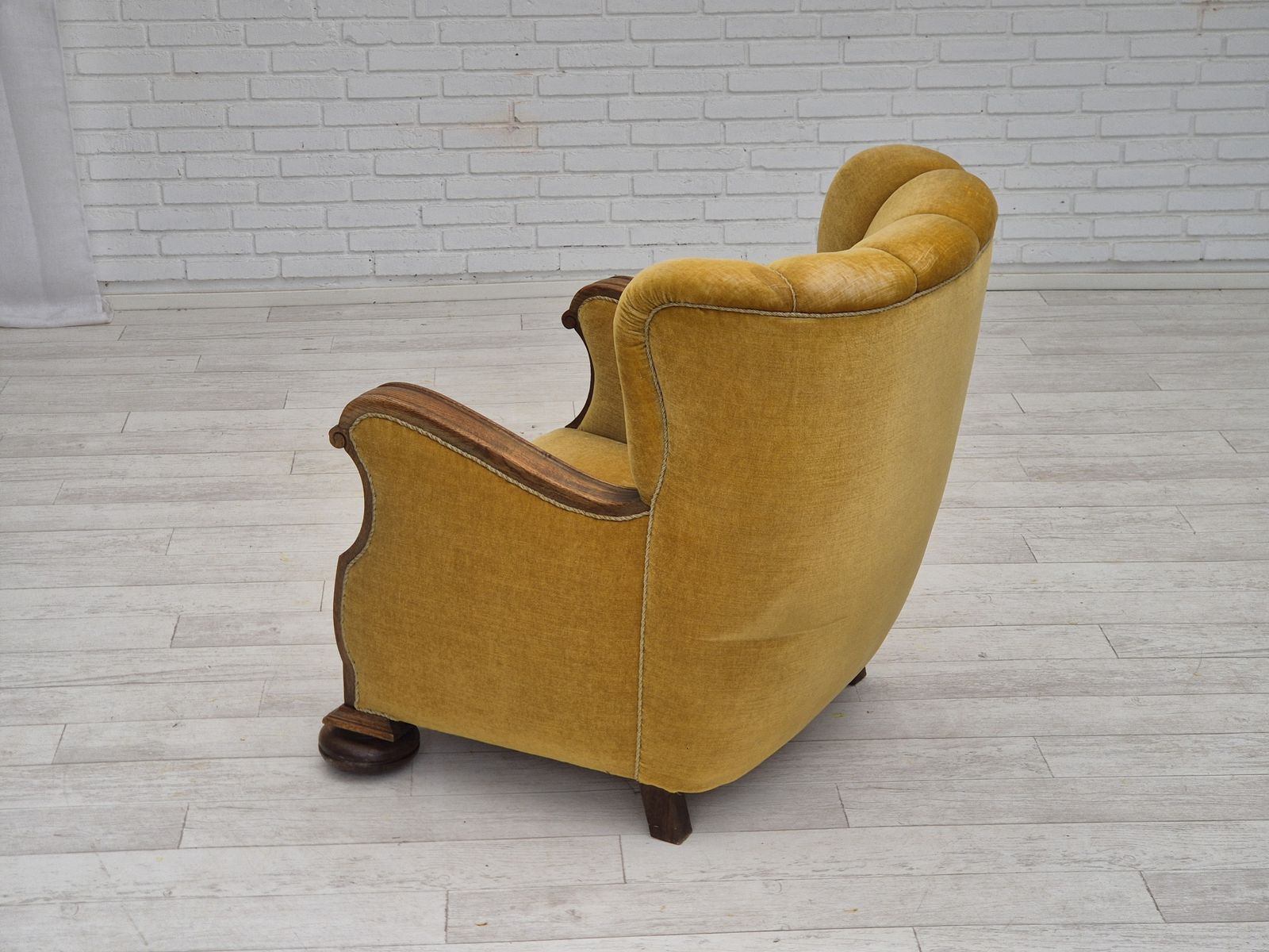 photo buy 1960s, Danish Relax Armchair, Yellow Honning Furniture Velour, Oak Wood, Original.