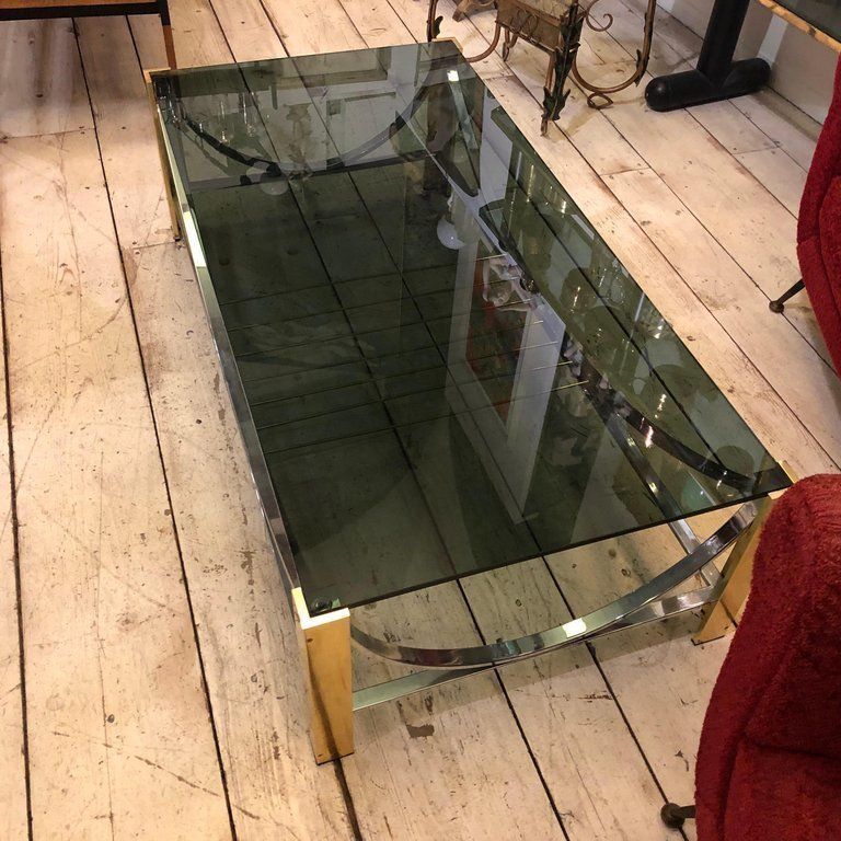 photo for sale Mid Century Modern Italian Brass, Steel And Smoked Glass Coffee Table, 1970
