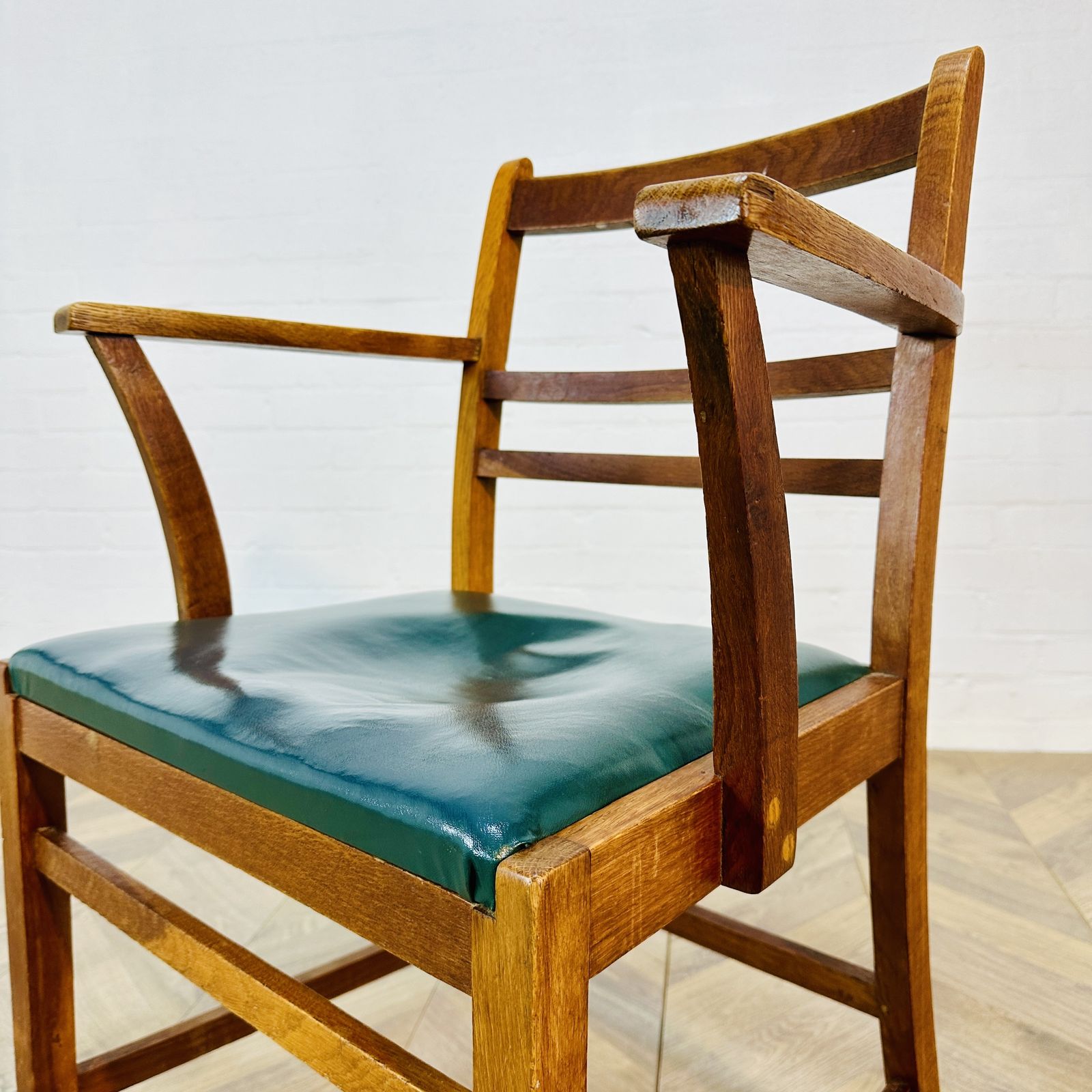 Mid Century Oak + Leather Former Clerks Chair, Stamped 1952 photo for sale