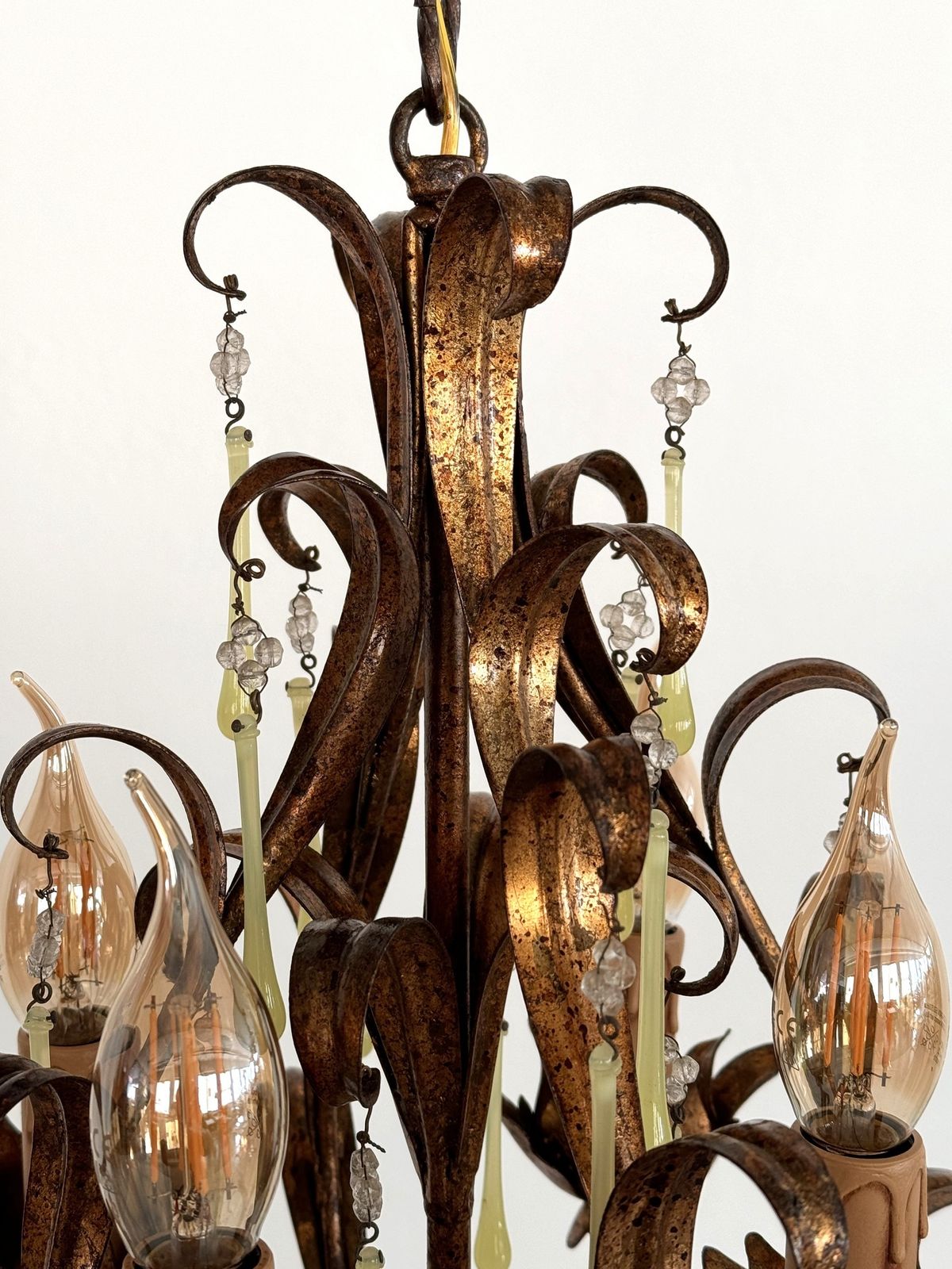 Italian Mid Century Murano Glass Gilt Chandelier With Yellow Glass Drops, 1960s photo buy