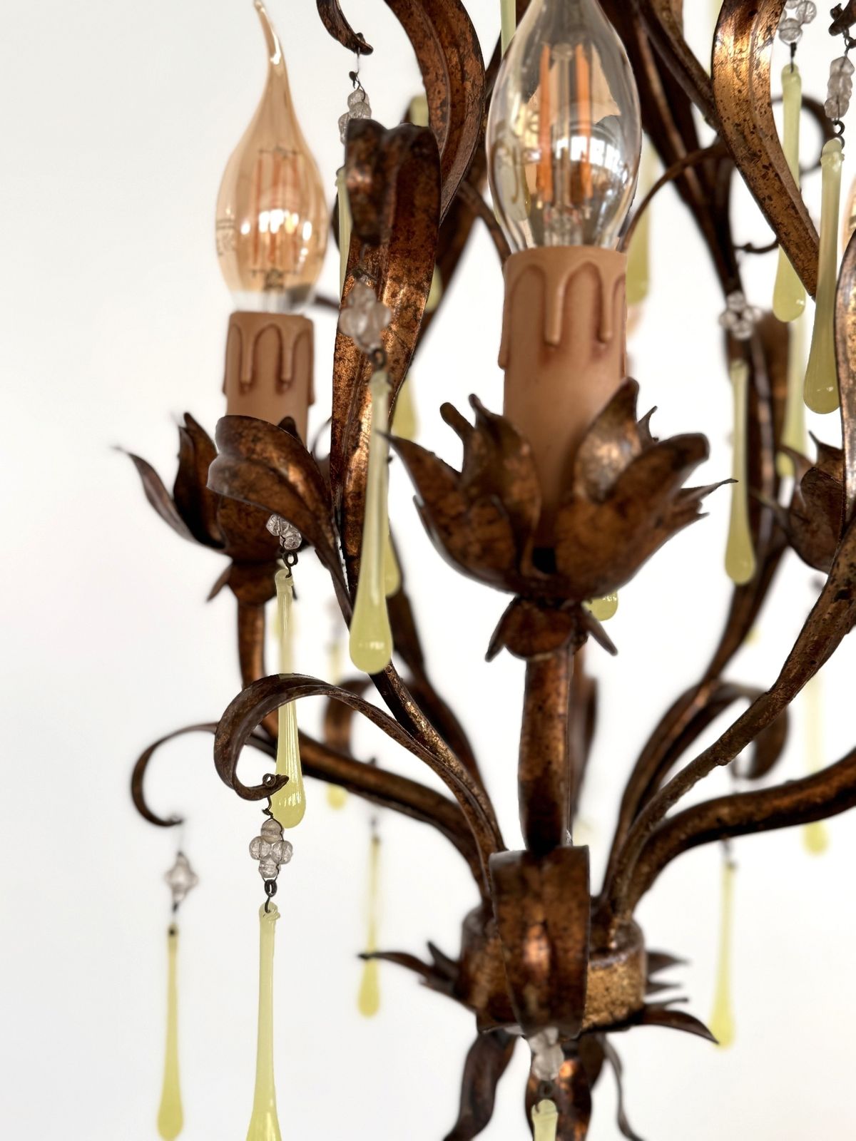 photo furniture Italian Mid Century Murano Glass Gilt Chandelier With Yellow Glass Drops, 1960s