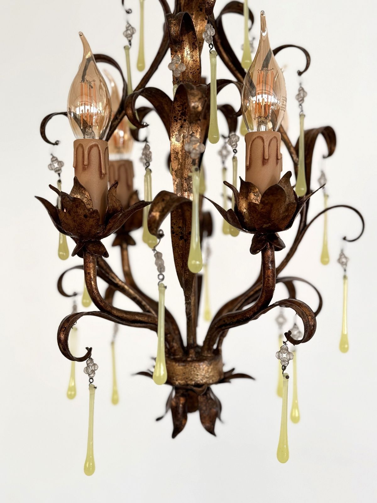photo buy Italian Mid Century Murano Glass Gilt Chandelier With Yellow Glass Drops, 1960s