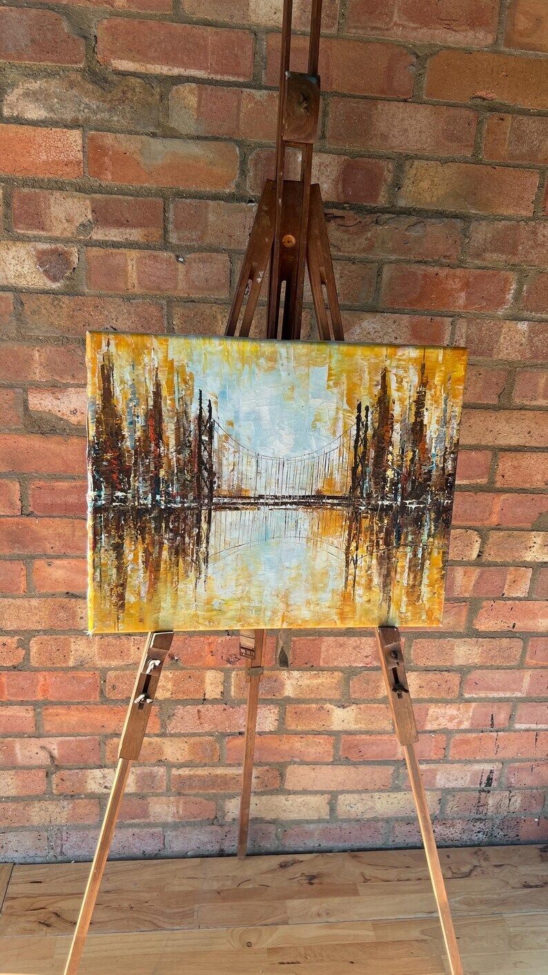 Textured Oil Painting On Canvas – Abstract Cityscape With Bridge photo vintage