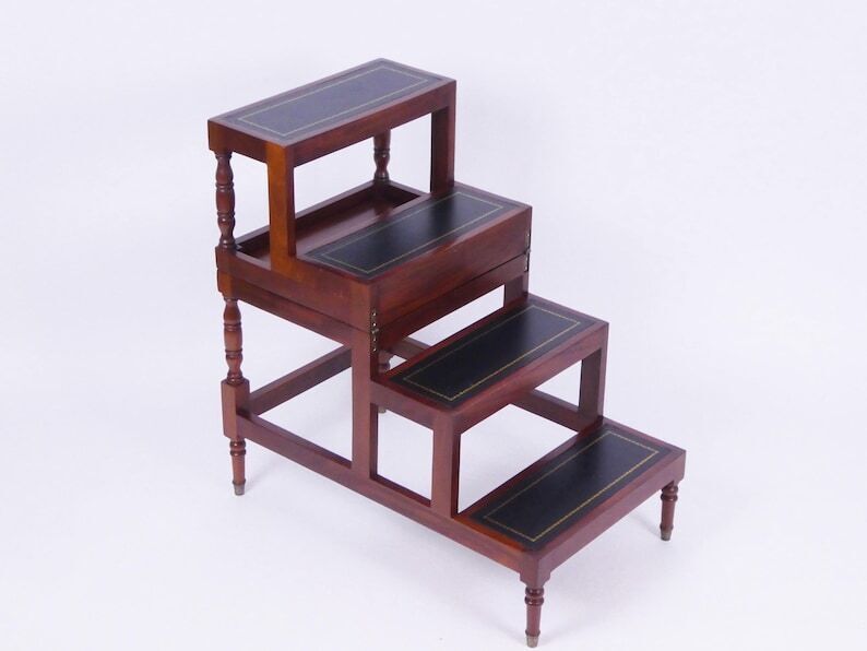 Antique Metamorphic Wooden Stairs With Leather, Foldable Bed Library Steps With Green Inlaid Leather, Large Edwardian Bookcase Ladder