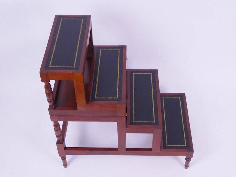 Antique Metamorphic Wooden Stairs With Leather, Foldable Bed Library Steps With Green Inlaid Leather, Large Edwardian Bookcase Ladder photo furniture
