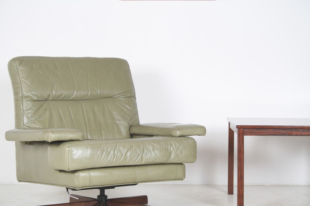 Danish Mid Century 1960s Sage Green Leather Swivel Lounge Chair With Tilt photo Furniture
