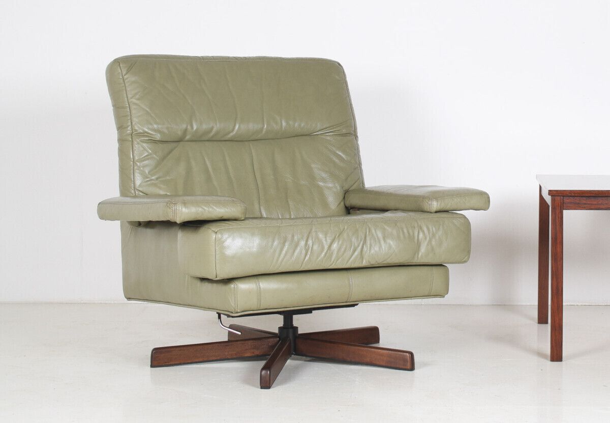 Danish Mid Century 1960s Sage Green Leather Swivel Lounge Chair With Tilt photo 1685.0