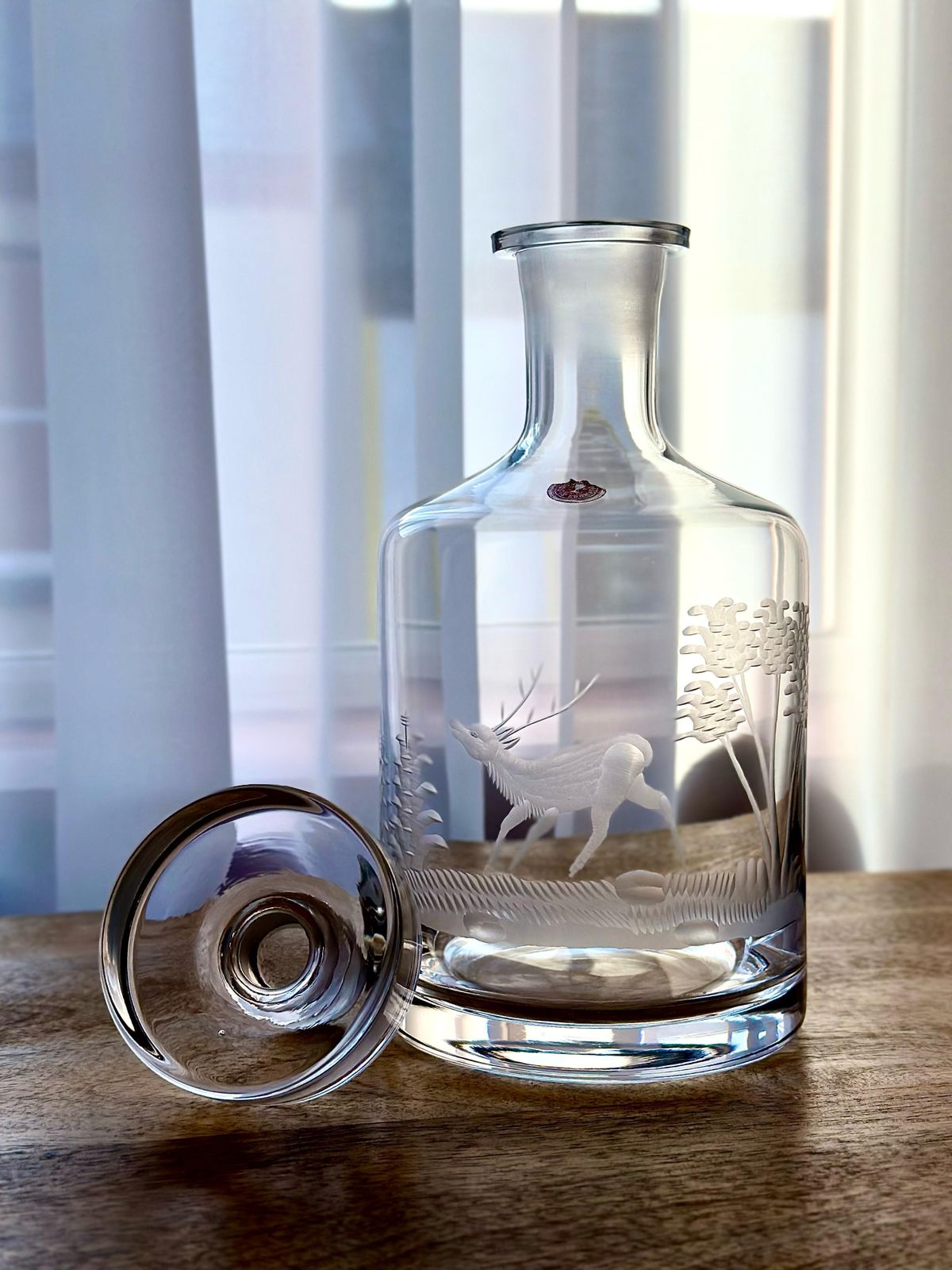 Romanian Engraved Glass Decanter – Stag & Forest Scene, 27cm photo Home Decor