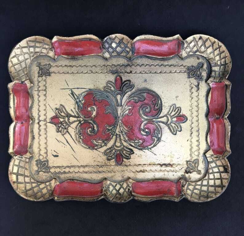 Florentine Golden Rectangular Small Tray, Red And Gilt, Old Italian 60s Tray Florentine Style Handmade Decorated Serving Tray Gift Vanity