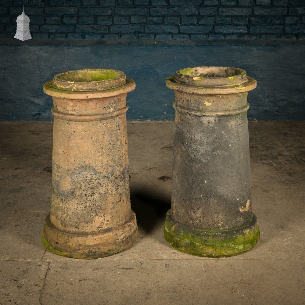 Cannon Head Chimney Pots Pair, Weathered Garden Planters