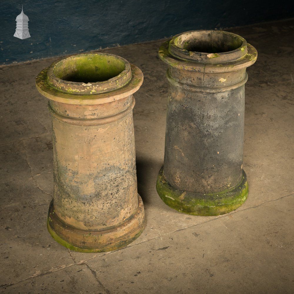 Cannon Head Chimney Pots Pair, Weathered Garden Planters photo for sale