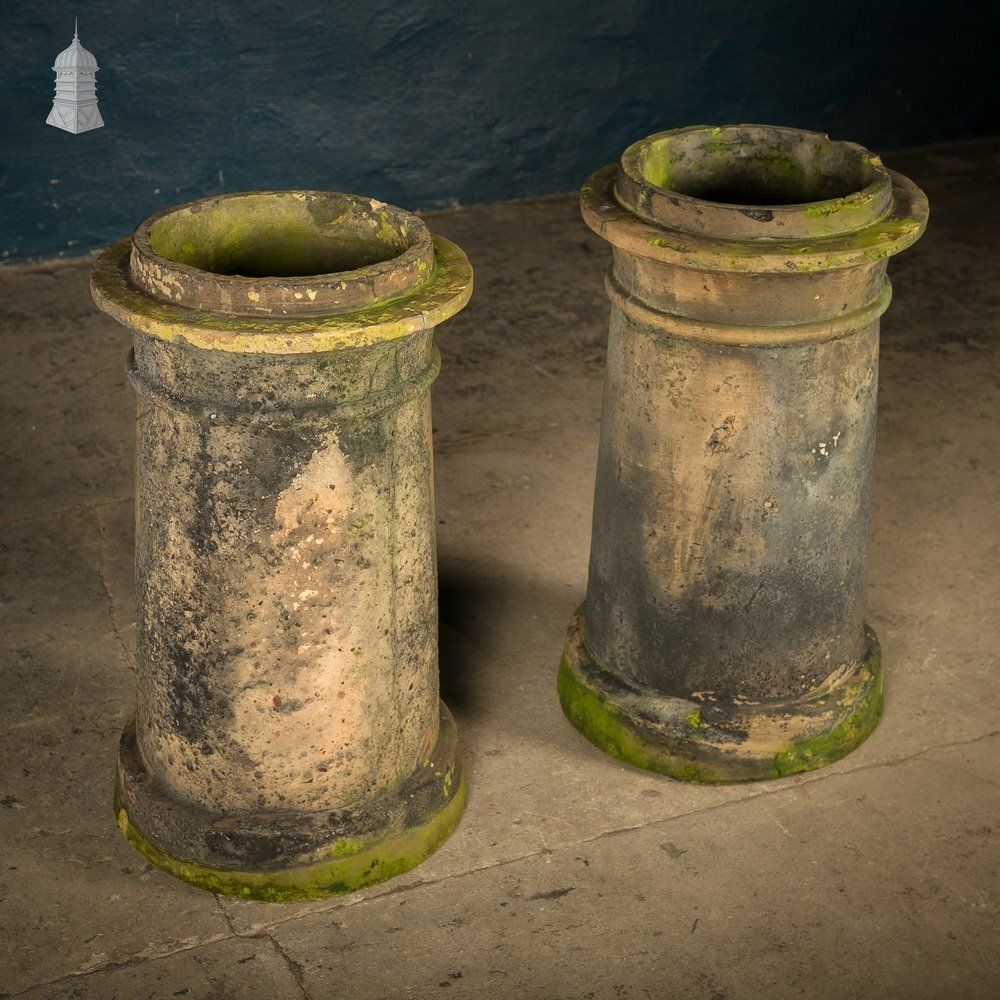 342.0 Cannon Head Chimney Pots Pair, Weathered Garden Planters photo