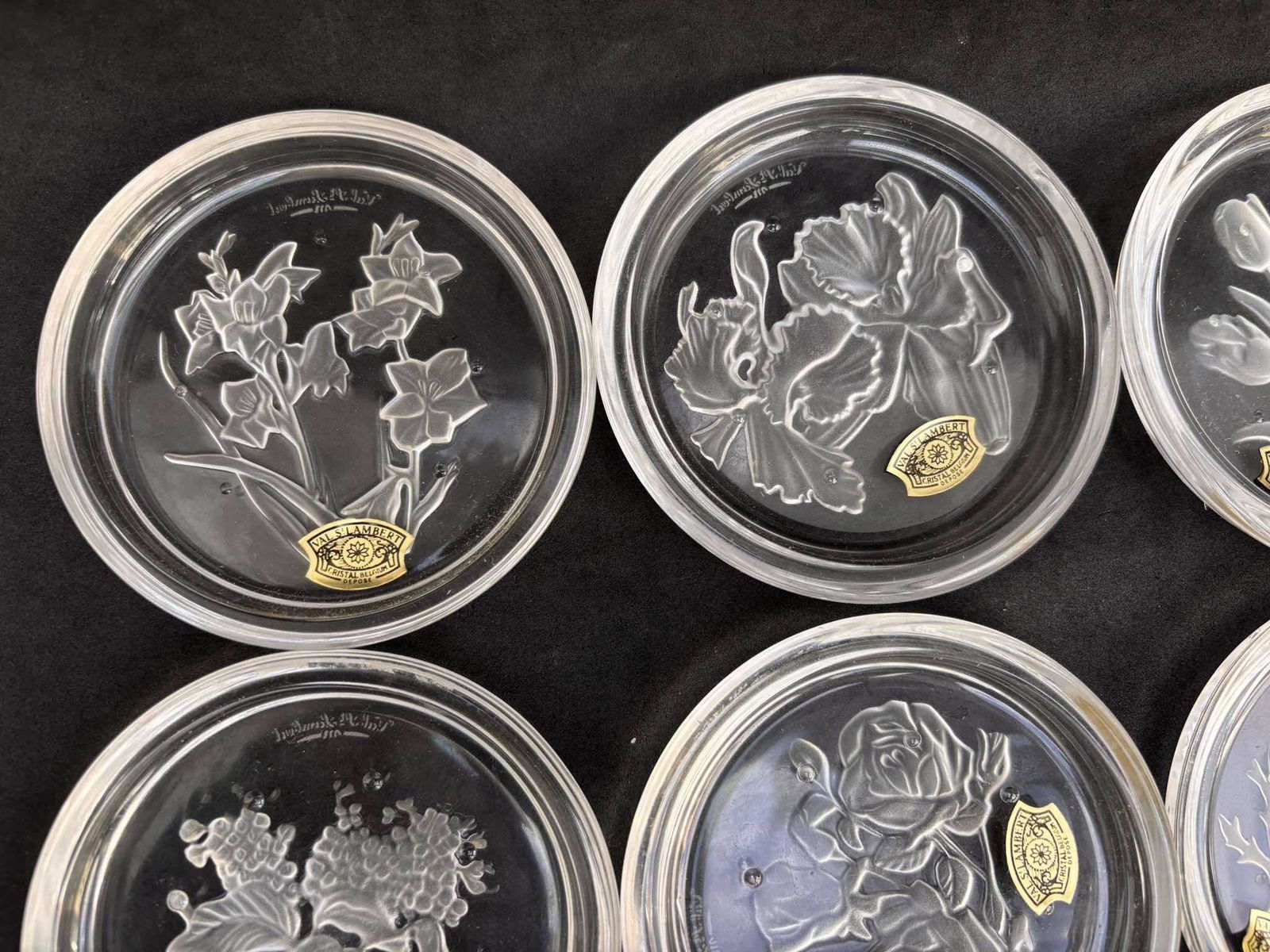 Set Of 6 Crystal Coasters From Val Saint Lambert Made In Belgium, Intaglio Crystal Flowers Crystal Cut, Crystal Relief, Bar Accessories photo 172.0