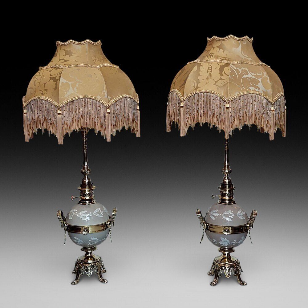 Pair Of Late 19thc Gilt Brass & Porcelain Oil Lamp