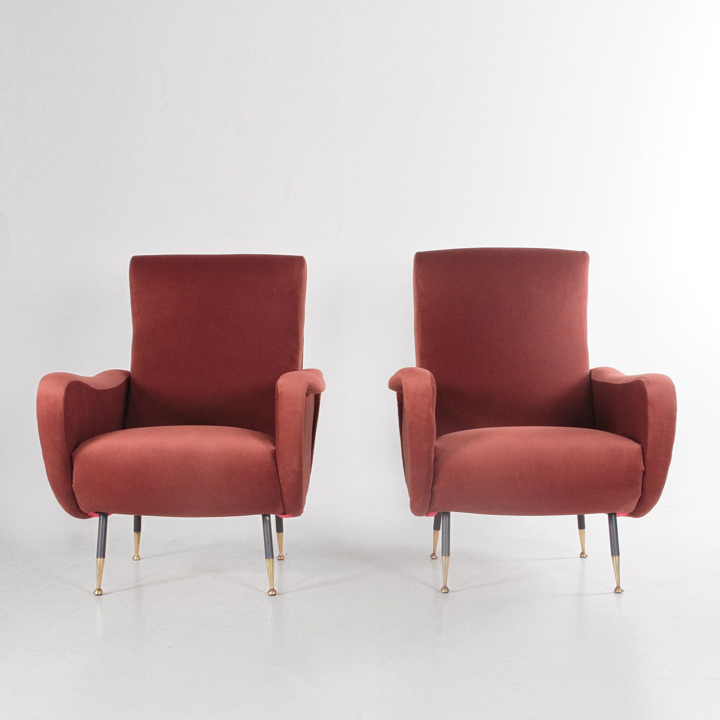 photo for sale Pair Of Lady Style Armchairs By Marco Zanuso, In Brick Red Velvet, 1960