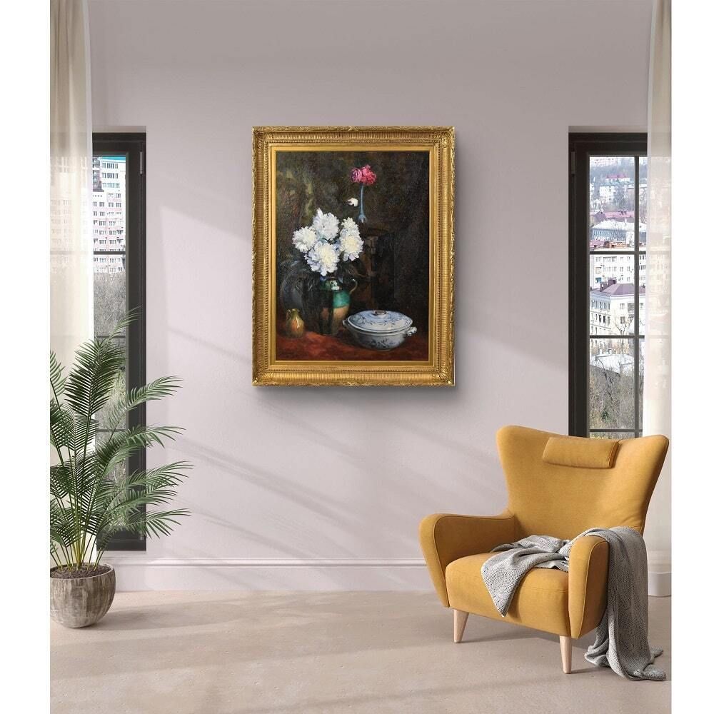 Antique Painting With Flowers, Art Deco, White Peonies, Still Life Oil Painting, XX Century. photo furniture