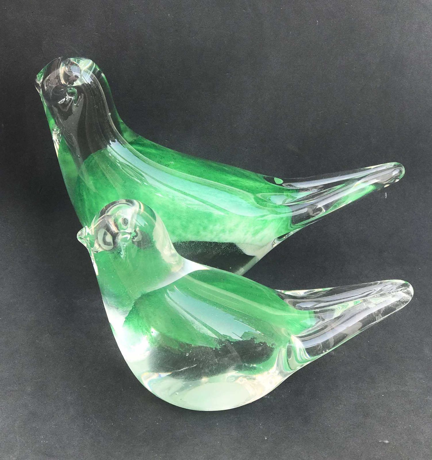 Art Glass Birds Figurine Set 2 Paperweight Blown Glass Green And Clear Vintage Glass Art Collectables Office Adornment,Kitchen Decor photo for sale