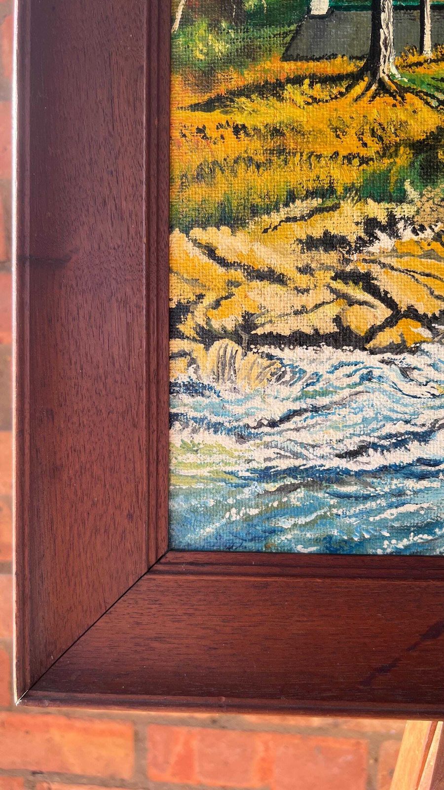 Framed Mid Century Oil Painting By H. Hood – Scenic River Landscape photo Art