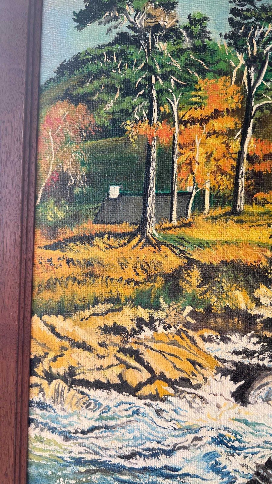 Framed Mid Century Oil Painting By H. Hood – Scenic River Landscape photo vintage