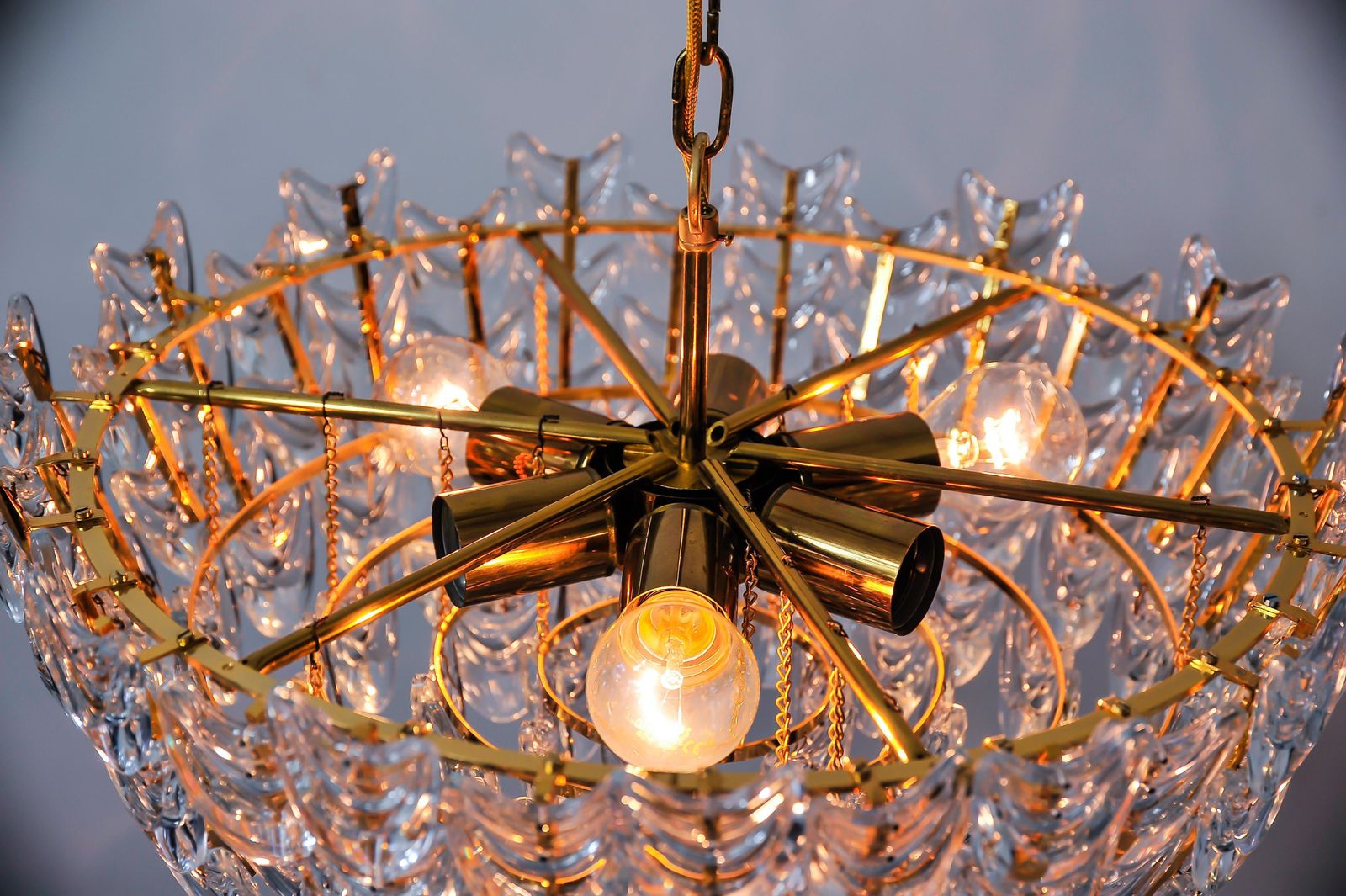 Gilt Brass Chandelier With Glass, German, Circa 1960s photo vintage
