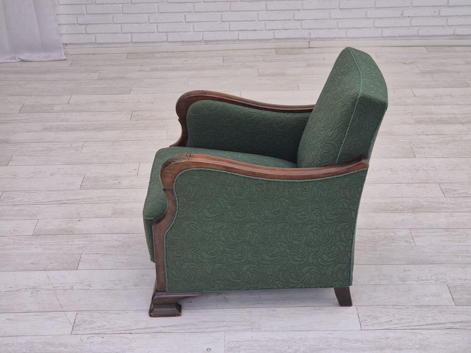 Ca. Jaren 1950, Deense Relaxstoel, Groene Meubelmix Wollen Stof, Beukenhout. photo 1350.0