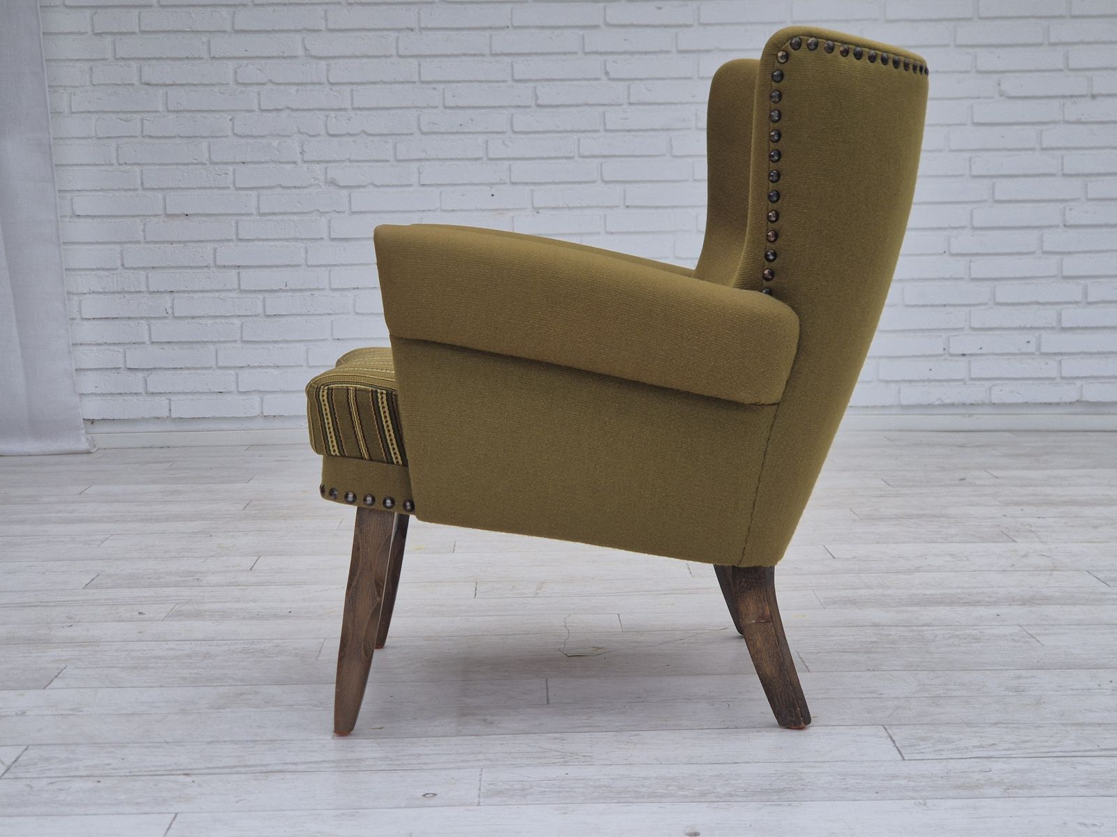 photo furniture 1970s, Danish Lounge Chair, Original Green Furniture Wool, Oak Wood.