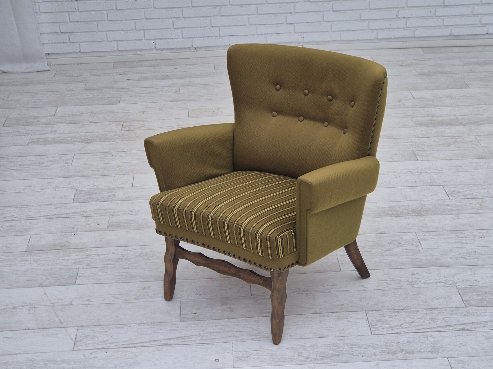 photo for sale 1970s, Danish Lounge Chair, Original Green Furniture Wool, Oak Wood.