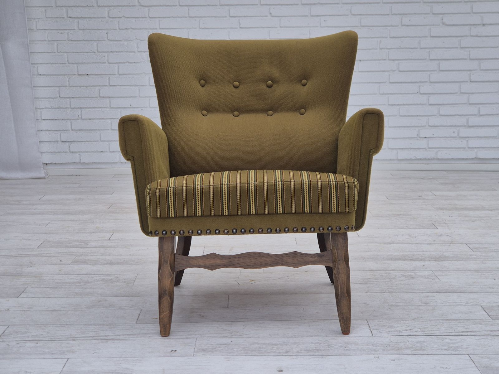 photo buy 1970s, Danish Lounge Chair, Original Green Furniture Wool, Oak Wood.