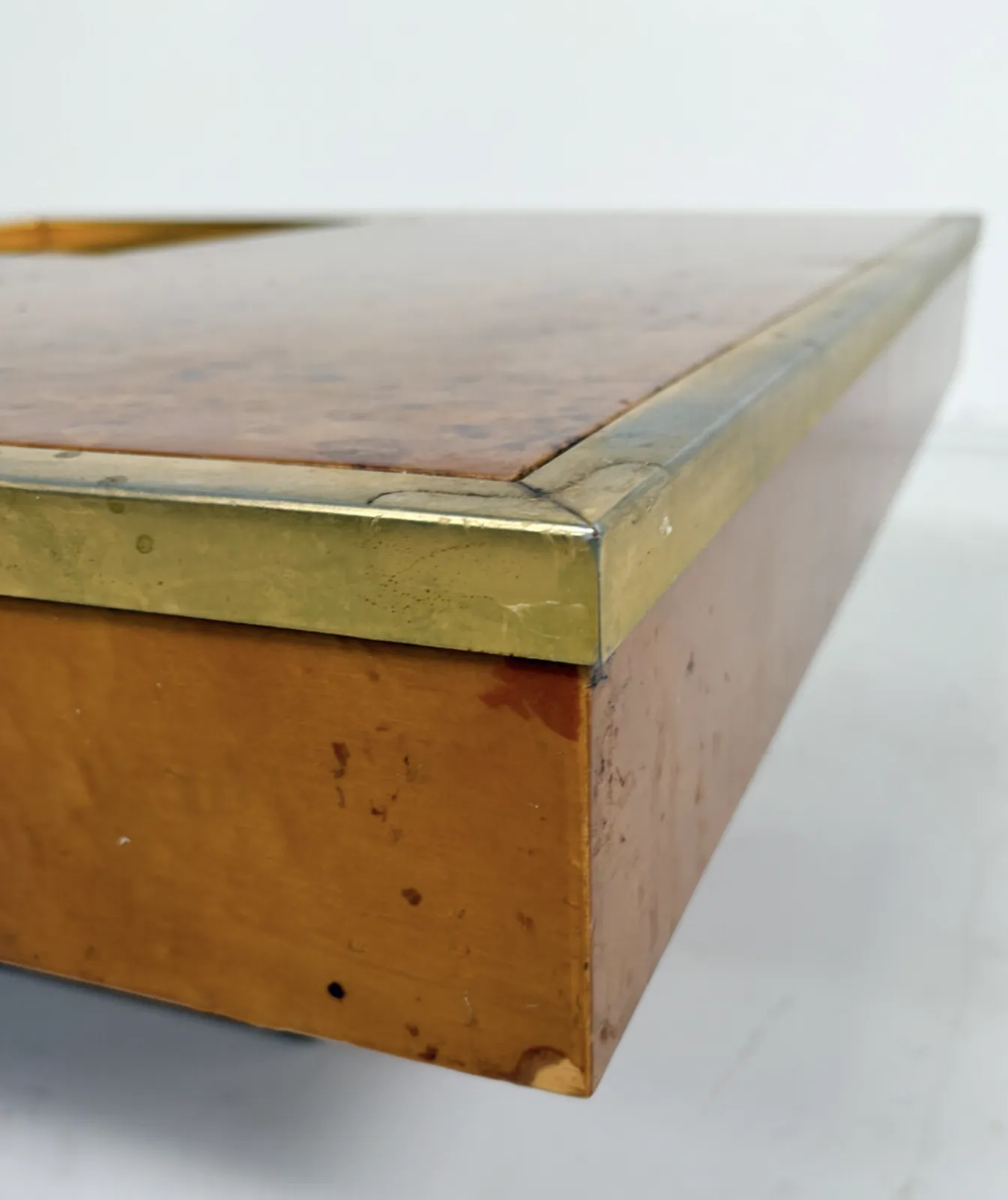 Mid Century Modern Coffee Table, Burl Wood And Brass, 1970s photo Furniture