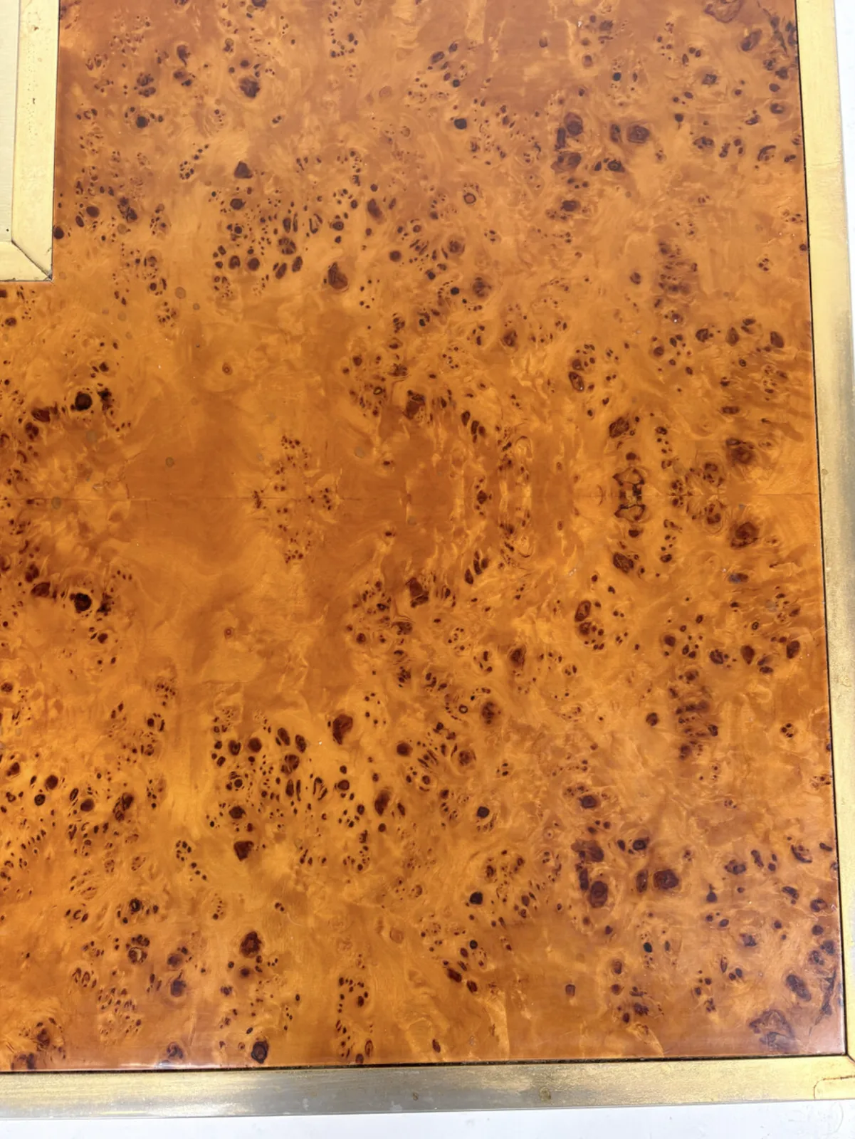 Mid Century Modern Coffee Table, Burl Wood And Brass, 1970s photo buy