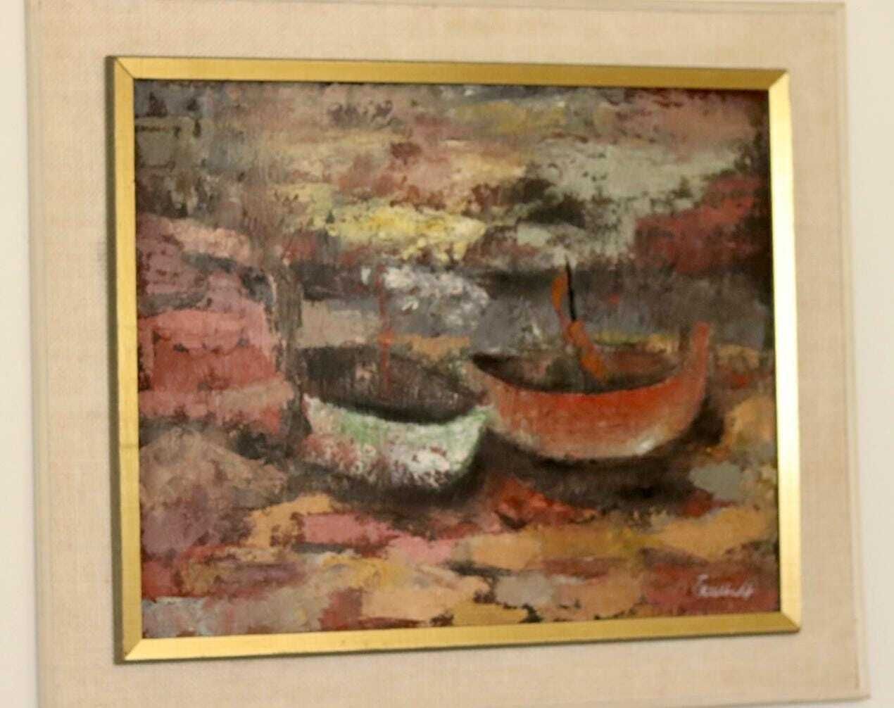 Original Swedish Mid Century Oil On Canvas Painting "Boats" By örnstedt   Vintage & Framed photo for sale