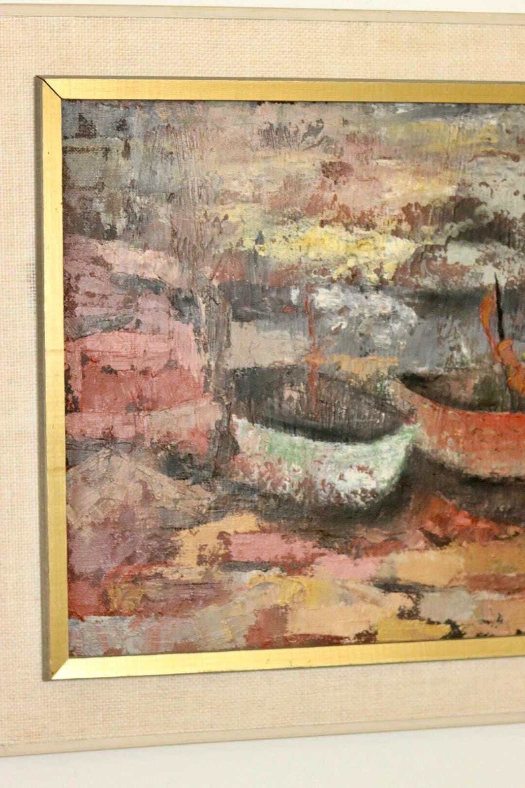 Original Swedish Mid Century Oil On Canvas Painting "Boats" By örnstedt   Vintage & Framed photo 215.0