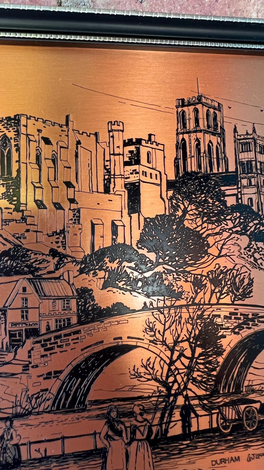 1975 Copper Printing Plate By G. J. Lockey – Durham Cityscape, Framed photo vinterior