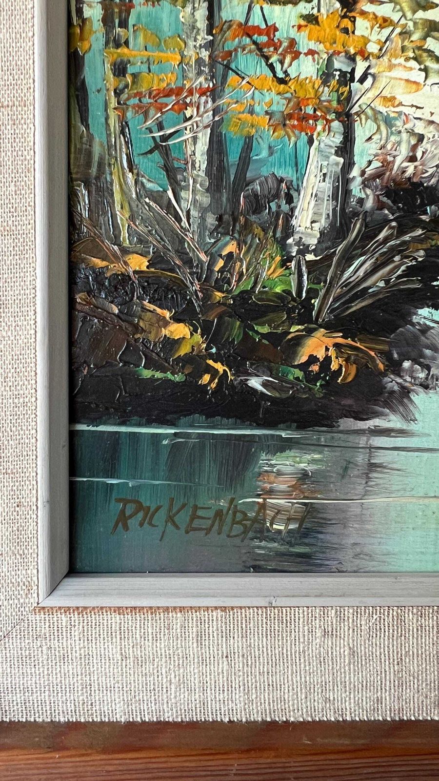 Mid Century Oil Painting By Rickenbach – Tranquil River Landscape, Framed photo for sale