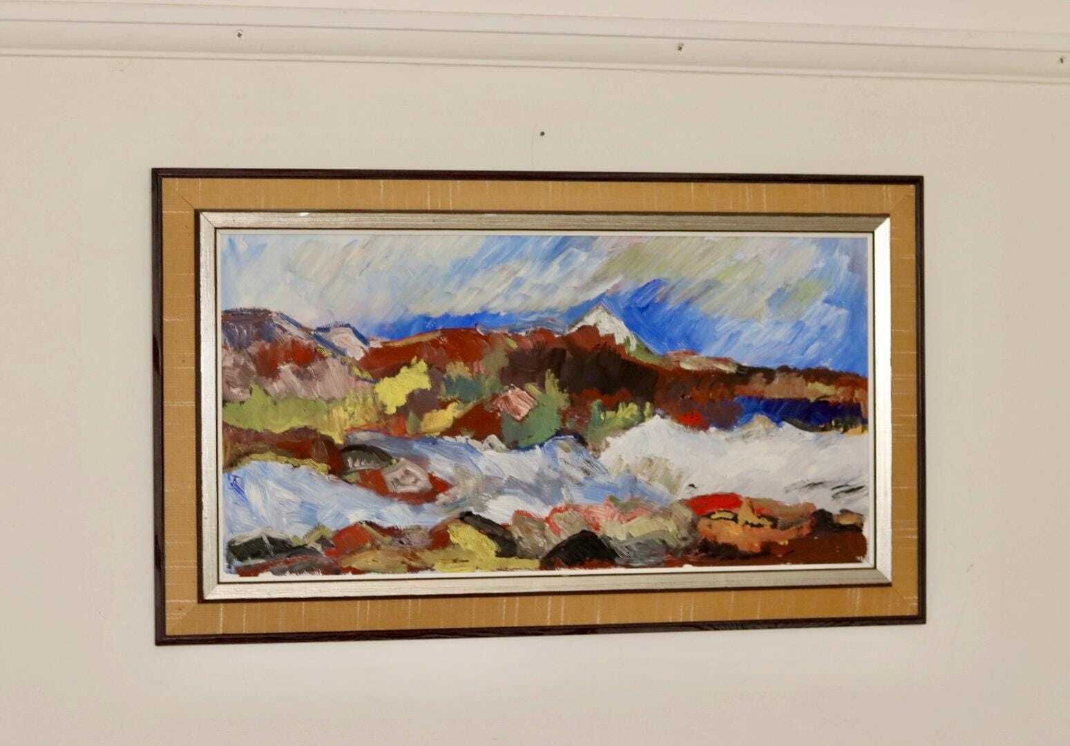 Swedish Mid Century Oil On Board Painting "Mountain Motif" By H öman  Vintage & Framed