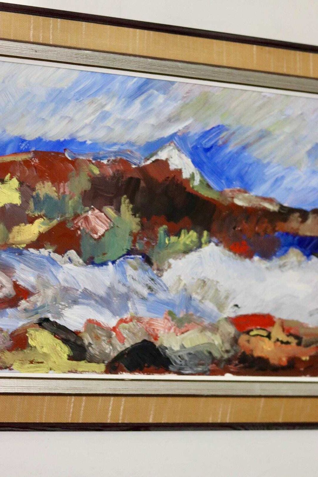 Swedish Mid Century Oil On Board Painting "Mountain Motif" By H öman  Vintage & Framed photo for sale