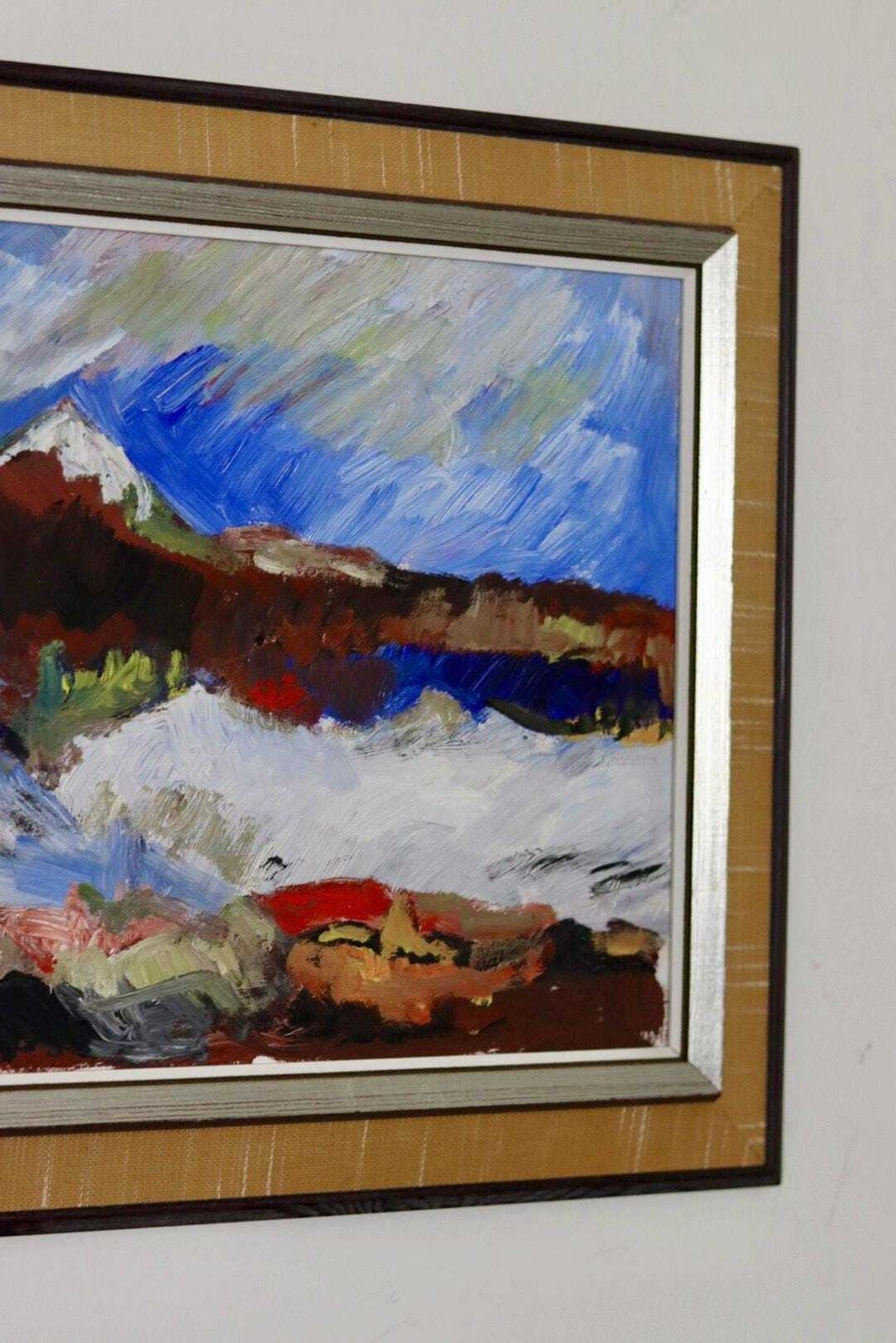 Swedish Mid Century Oil On Board Painting "Mountain Motif" By H öman  Vintage & Framed photo Art