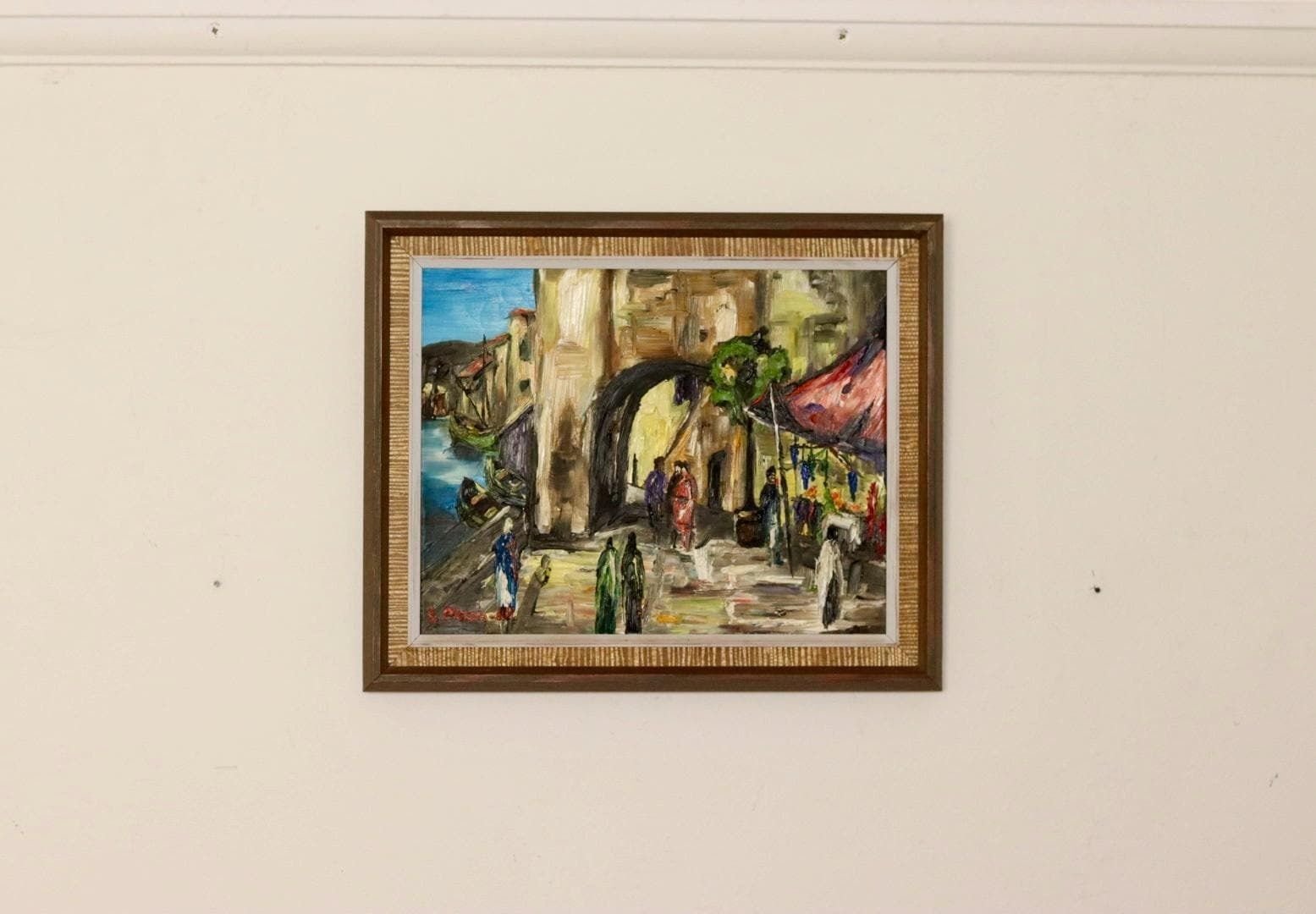 Original Swedish Mid Century Oil On Panel Painting "City By The Water" By L. Olsson  Vintage & Framed photo vintage